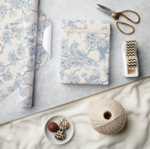 Papier Cadeau Oiseaux et fleurs de cerisier en bleu et blanc cas
