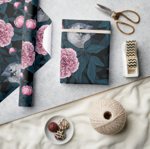 Papier Cadeau Oiseaux et fleurs de pivoines roses avec feuille