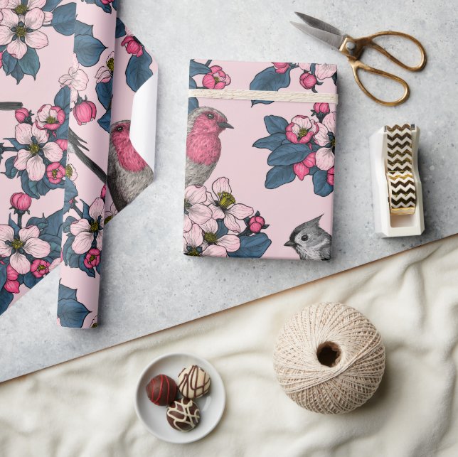 Papier Cadeau Oiseaux et fleurs roses (Artisanat)