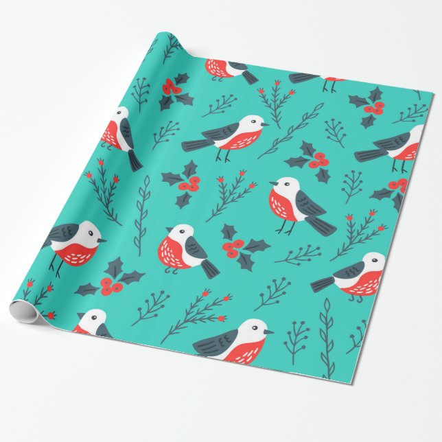 Papier Cadeau Oiseaux et Motif de Noël Holly Berry (Déroulé)
