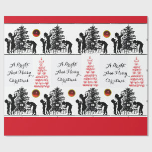 Papier Cadeau OISEAUX ET NOËL ARBRE BLANC Noir Rouge Gemmes