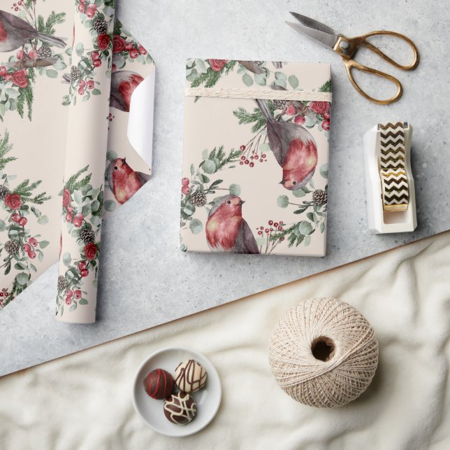 Papier Cadeau Oiseaux Fleurs Berries Noël (Artisanat)