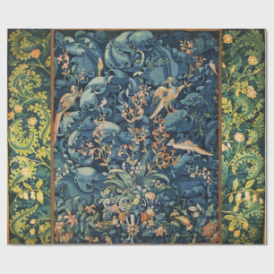 Papier Cadeau OISEAUX, FLEURS ET FEUILLES DE CABBAGE, Bleu