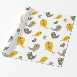 Papier Cadeau Oiseaux mignons - jaune et gris