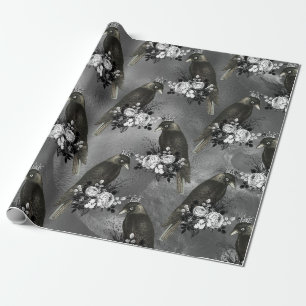 Papier Cadeau Oiseaux noirs couronnés et fleurs blanches sur gri