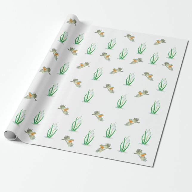 Papier Cadeau Oiseaux rouges et drops de neige, Galanthus nivali (Déroulé)