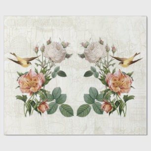 Papier Cadeau Oiseaux vintages Fleurs botaniques Ephémère Déc