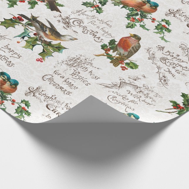 Papier Cadeau Oiseaux vintages, salutations de Noël et Holly (Coin)