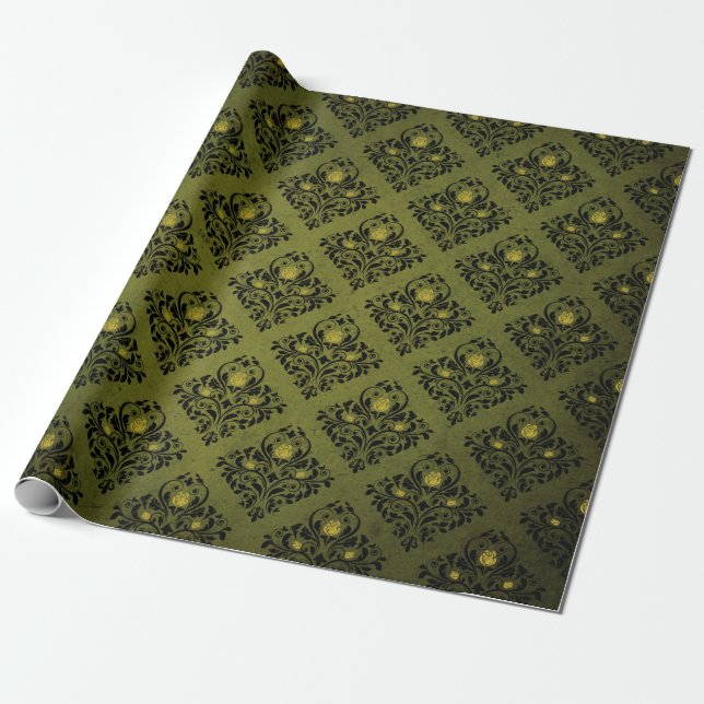 Papier Cadeau Olive Green Damask Imprimer Halloween rustique (Déroulé)