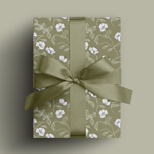Papier Cadeau Olive vert Floral Simple Line art Fleur blanche