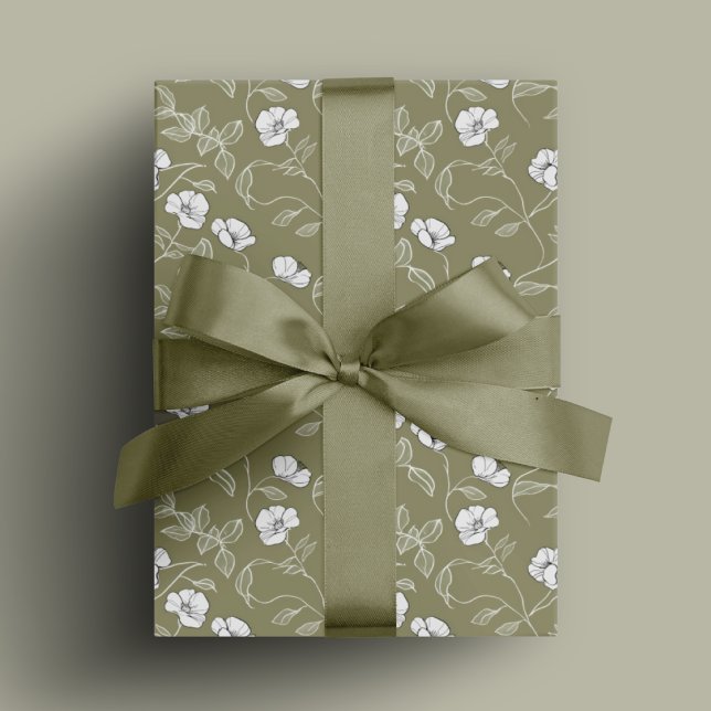 Papier Cadeau Olive vert Floral Simple Line art Fleur blanche (Olive green Floral Simple Line art White Flower Wrapping Paper)