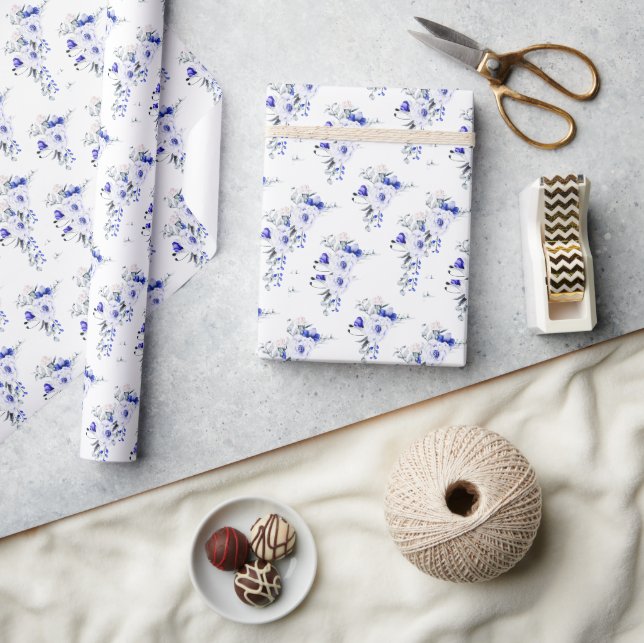 Papier Cadeau Ombre Royal Blue Ivory Floral Mariage (Artisanat)
