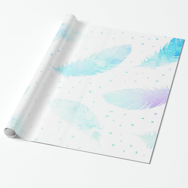 Papier Cadeau *~* Ombre Turquoise Blue Magenta Plumes sur blanc (Déroulé)