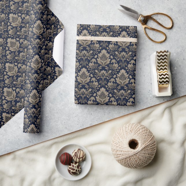 Papier Cadeau Opulent Navy Floral Gilding (Artisanat)