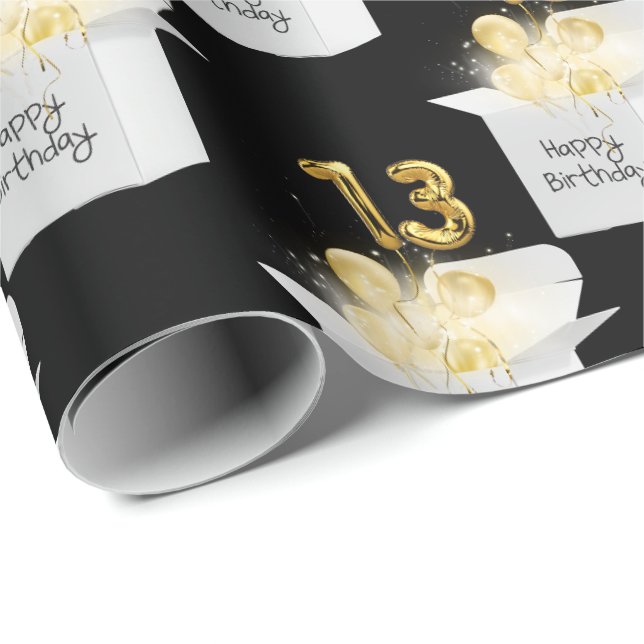 Papier Cadeau Or 13ème anniversaire Ballons en boîte blanche (Coin rond)