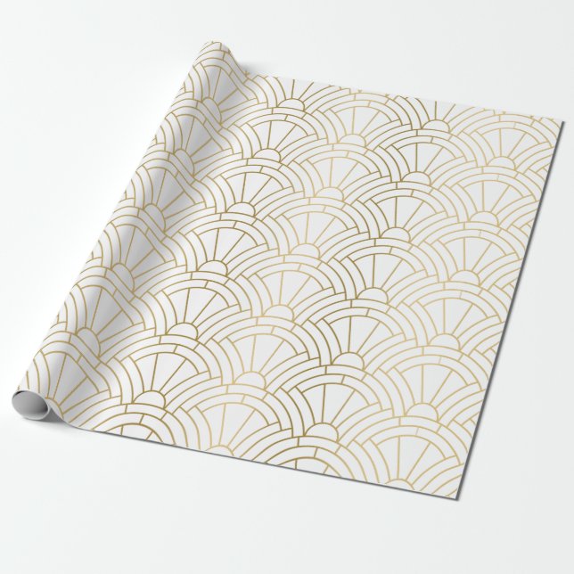 Papier Cadeau Or & blanc art déco sans couture motif 2 (Déroulé)