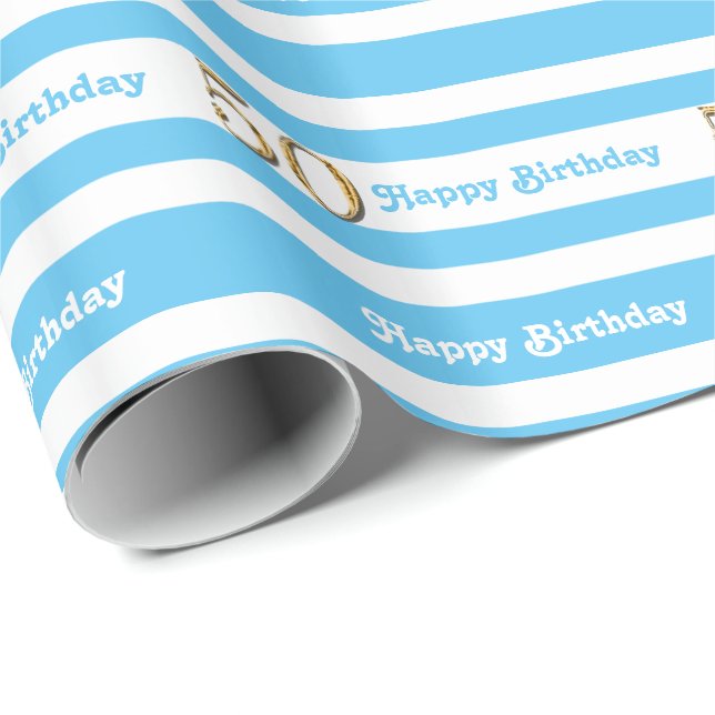 Papier Cadeau or blanc bleu de cinquantième anniversaire (Coin rond)
