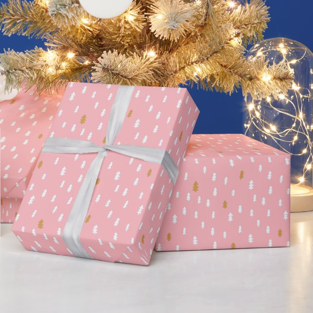 Papier Cadeau Or blanc moderne Arbres simples Noël rose (Vacances)