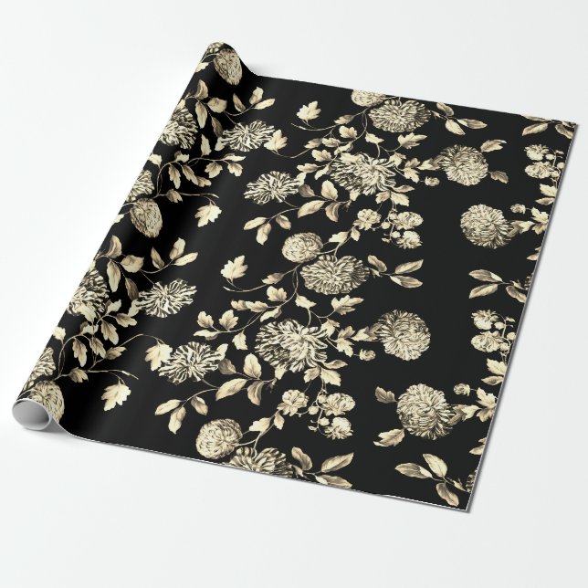 Papier Cadeau Or blanc noir Toile floral (Déroulé)