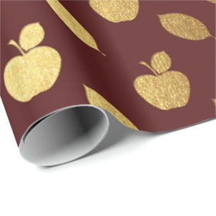 Papier Cadeau Or Bourgogne Maroon Fruits de pomme métallique