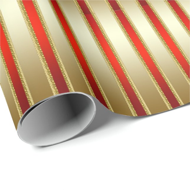 Papier Cadeau Or brillant brillant et rayures rouges (Coin rond)