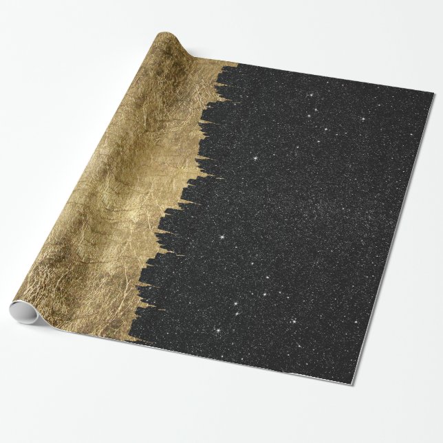 Papier Cadeau Or de Faux et traçages noirs de nuit étoilée (Déroulé)