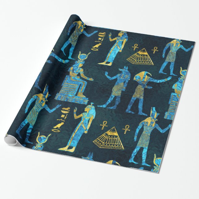Papier Cadeau Or égyptien et motif en verre bleu (Déroulé)