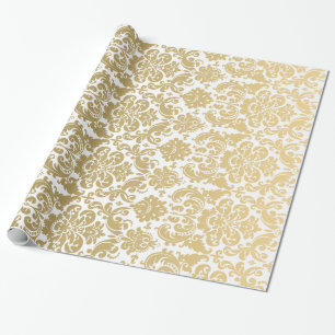 Papier Cadeau Or et motif élégant blanc de damassé