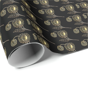 Papier Cadeau or et tournesols noirs nature art Motif