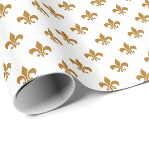 Papier Cadeau Or mat Fleur-De-lis sur le blanc