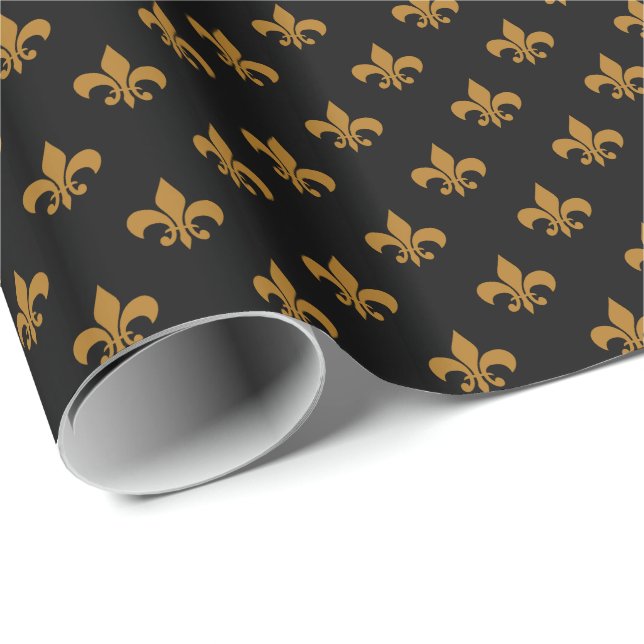 Papier Cadeau Or mat Fleur-de-lis sur Noir (Coin rond)