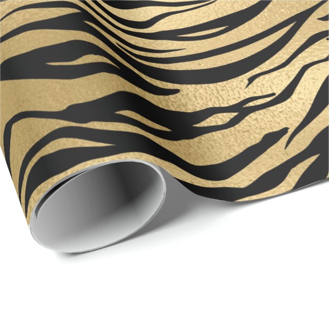 Papier Cadeau Or Métallurgique Tigre Noir Peau animal Élégant Gl (Coin rond)