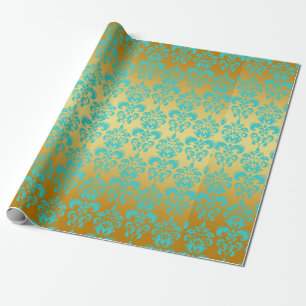 Papier Cadeau Or, motif bleu 2 de damassé d'Aqua
