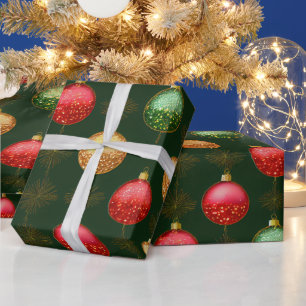 Papier Cadeau Or rouge traditionnel et ornements verts