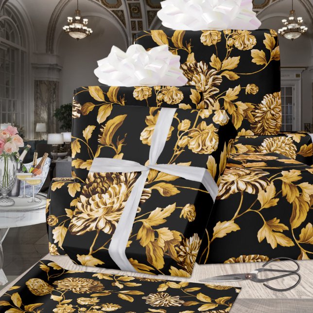 Papier Cadeau Or sur Black Moderne Vintage Grand Toile Florale (Créateur téléchargé)