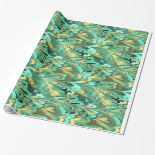 Papier Cadeau Or, vert et motif marbré par turquoise