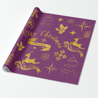 Papier Cadeau Or vintage personnalisé et enveloppe pourpre de