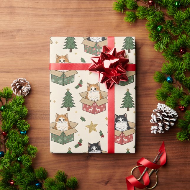 Papier Cadeau Orange and Black & White Kittens Christmas Pattern (Cadeau de vacances)