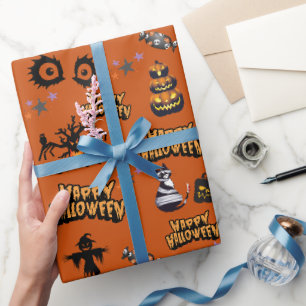 Papier Cadeau orange Citrouille des yeux Halloween effroi