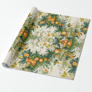 Papier Cadeau Orange Clementine couronne feuillage floral