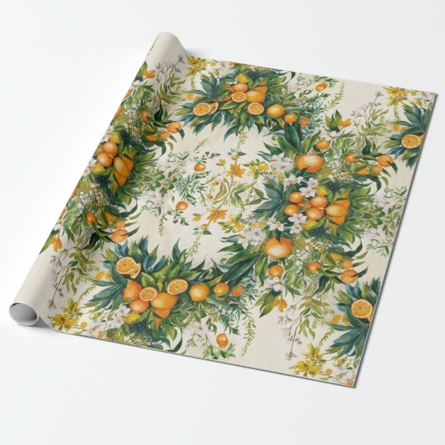 Papier Cadeau Orange Clementine couronne feuillage floral (Déroulé)