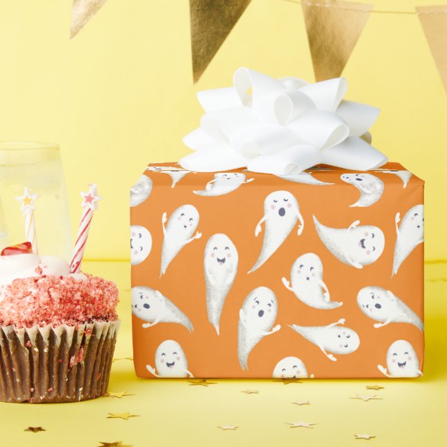 Papier Cadeau Orange Cute Ghosts Halloween (Fête d'anniversaire)