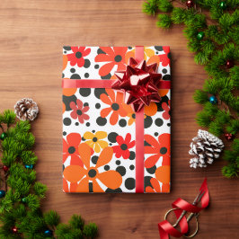 Papier Cadeau Orange fleur funky & pois noirs