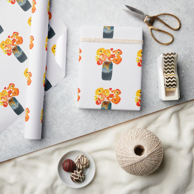 Papier Cadeau Orange fleurs de pavot aquarelle (Artisanat)