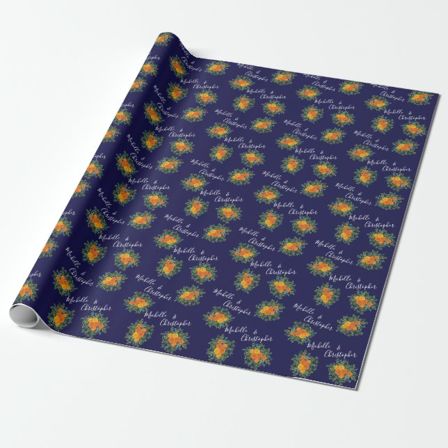 Papier Cadeau Orange & Marine Blue Peony & Rose Floral Mariage (Déroulé)