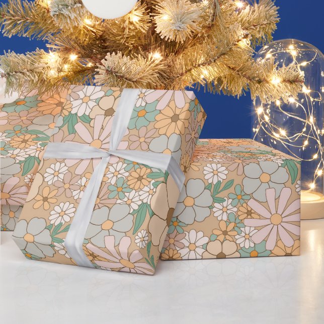 Papier Cadeau Orange Pêche, Gris Rose, Floral, (Vacances)
