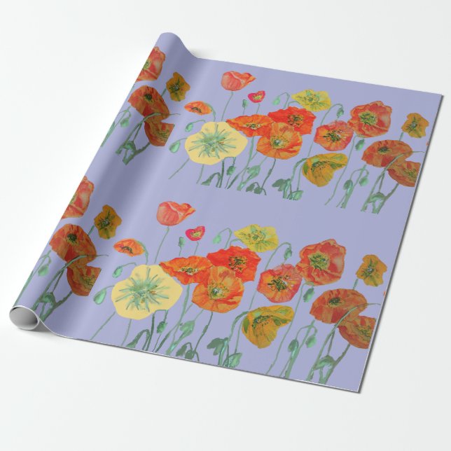 Papier Cadeau Orange Rouge Poppies Mauve Purple Aquarelle (Déroulé)
