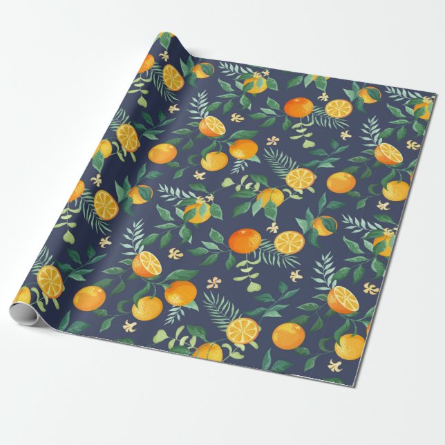 Papier Cadeau Oranges de fruits aux feuilles tropicaux et fleurs (Déroulé)