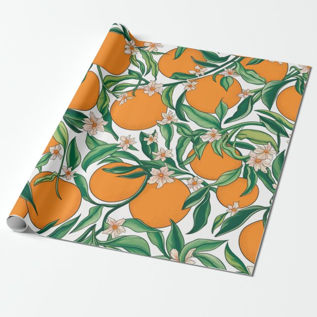 Papier Cadeau Oranges d'été Agrumes Fruit Motif floral (Déroulé)
