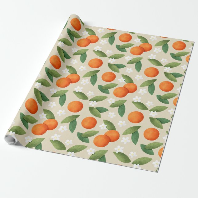 Papier Cadeau Oranges, Feuilles verts et fleurs blanches Motif (Déroulé)